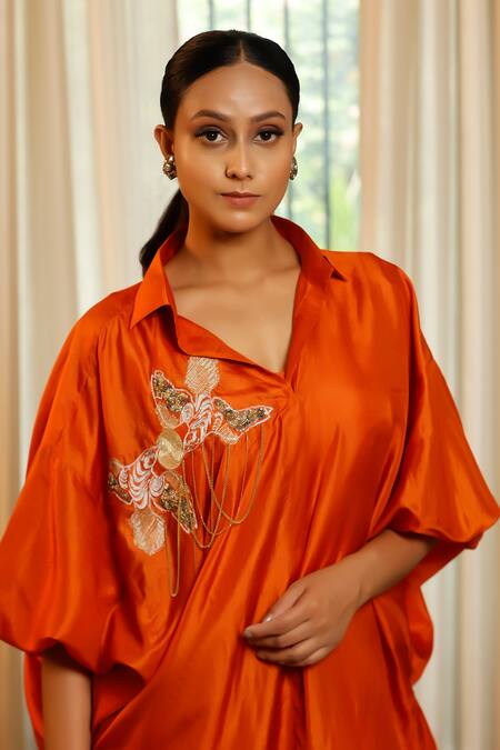 Eeda Rust Silk, Shantoon Embroidery Collared Orange Designer Dress at Aza Fashions Eeda_Rust Silk, Shantoon Embroidery Collared Orange Designer Dress _at_Aza_Fashions