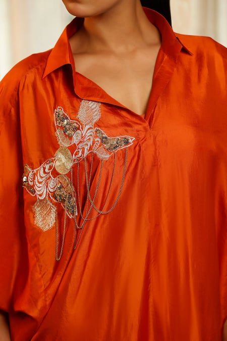 Shop Eeda Rust Silk, Shantoon Embroidery Collared Orange Designer Dress Shop_Eeda_Rust Silk, Shantoon Embroidery Collared Orange Designer Dress
