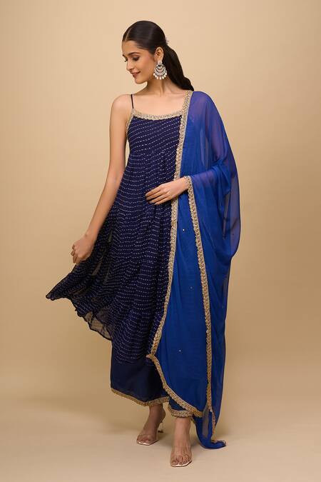 Naintara Bajaj_Navy Georgette Round Neck Printed Blue Anarkali Set _at_Aza_Fashions