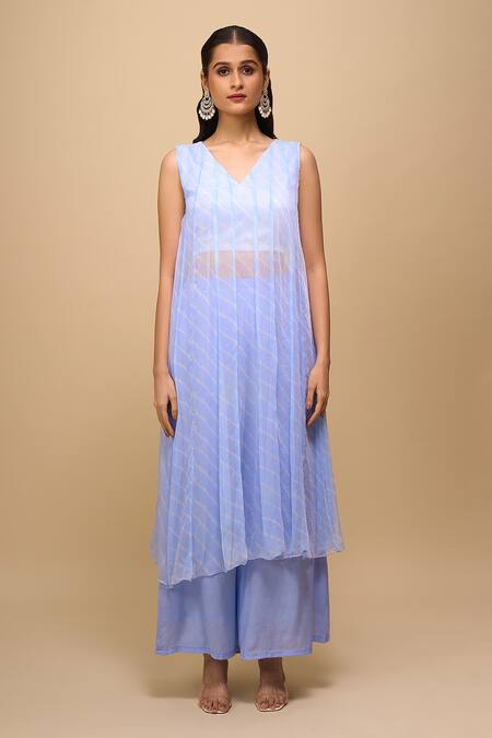 Buy_Naintara Bajaj_Sky Blue Chiffon V-neck Printed Anarkali And Pant Set 