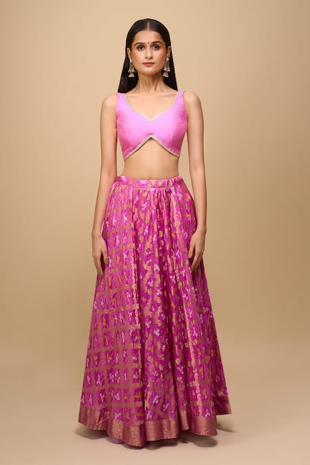 Naintara Bajaj Purple Silk, Chiffon Sequins Embellished Pink Lehenga Set Online at Aza Fashions Naintara Bajaj_Purple Silk, Chiffon Sequins Embellished Pink Lehenga Set _Online_at_Aza_Fashions