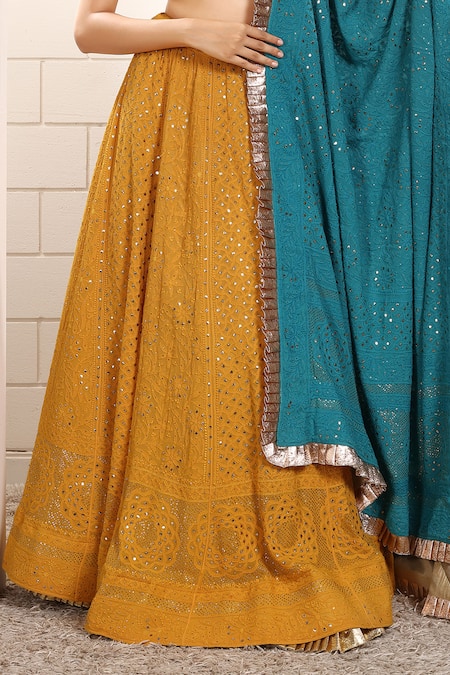 Anita Kanwal_Mustard Georgette Sequins V-neck Yellow And Peacock Blue Lehenga Set _at_Aza_Fashions