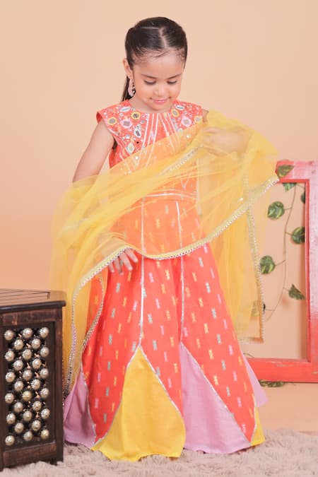 Buy_Turqidz By Shweta Aggarwal_Orange Cotton Embroidery Hand Lehenga Set _Online_at_Aza_Fashions