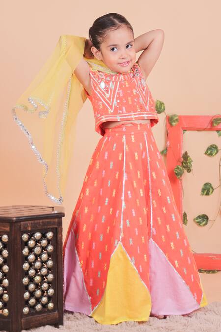 Shop_Turqidz By Shweta Aggarwal_Orange Cotton Embroidery Hand Lehenga Set _Online_at_Aza_Fashions
