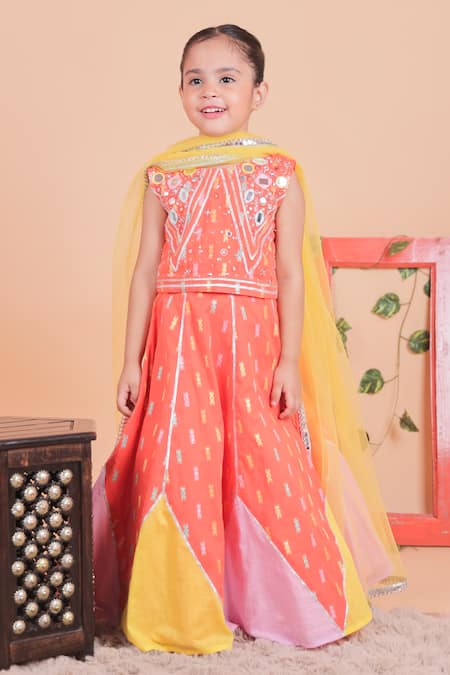 Turqidz By Shweta Aggarwal_Orange Cotton Embroidery Hand Lehenga Set _at_Aza_Fashions