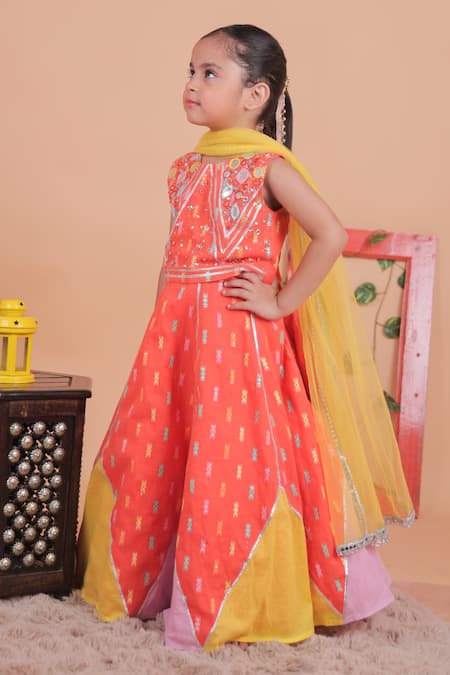 Buy_Turqidz By Shweta Aggarwal_Orange Cotton Embroidery Hand Lehenga Set 