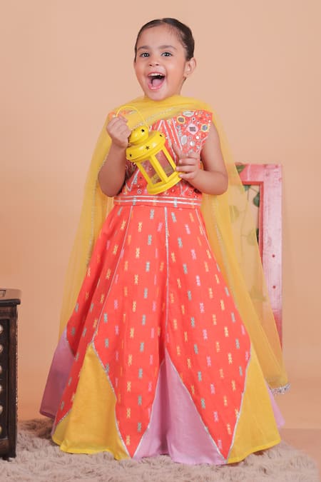 Shop_Turqidz By Shweta Aggarwal_Orange Cotton Embroidery Hand Lehenga Set 