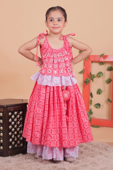Turqidz By Shweta Aggarwal Red Cotton, Tassels, Hand Embroidered Ruffled Top And Lehenga Set 
