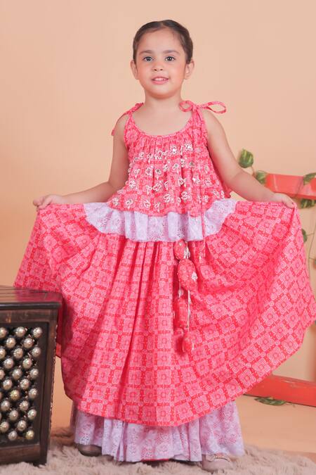 Buy_Turqidz By Shweta Aggarwal_Red Cotton, Tassels, Hand Embroidered Ruffled Top And Lehenga Set _Online_at_Aza_Fashions