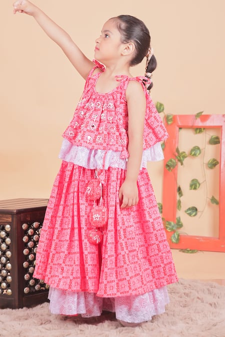 Shop_Turqidz By Shweta Aggarwal_Red Cotton, Tassels, Hand Embroidered Ruffled Top And Lehenga Set _Online_at_Aza_Fashions