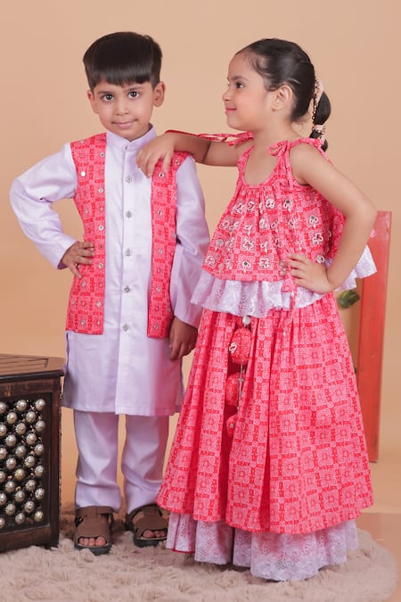 Buy_Turqidz By Shweta Aggarwal_Red Cotton, Tassels, Hand Embroidered Ruffled Top And Lehenga Set 