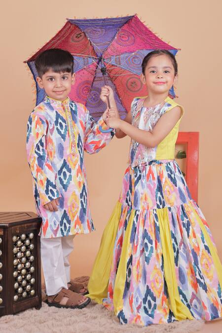 Buy_Turqidz By Shweta Aggarwal_Yellow Cotton Embroidery Multi Color Hand Top And Lehenga Set _Online_at_Aza_Fashions