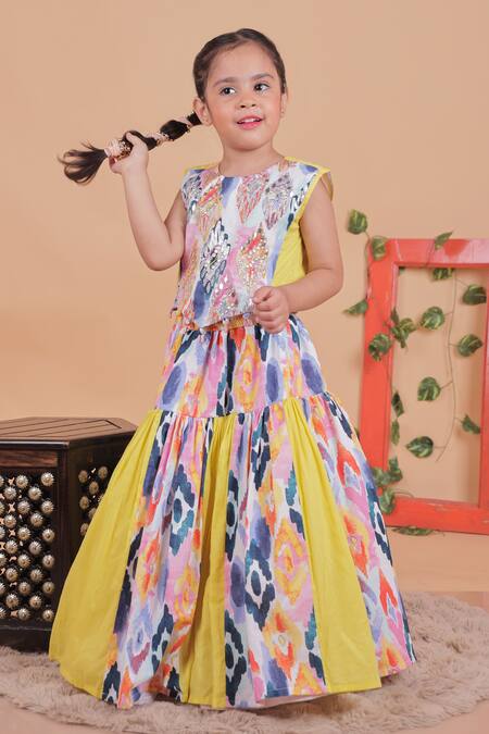 Shop_Turqidz By Shweta Aggarwal_Yellow Cotton Embroidery Multi Color Hand Top And Lehenga Set _Online_at_Aza_Fashions