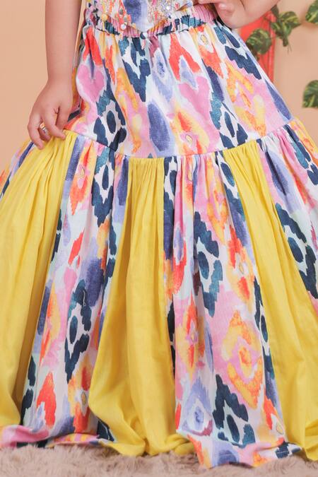 Turqidz By Shweta Aggarwal_Yellow Cotton Embroidery Multi Color Hand Top And Lehenga Set _at_Aza_Fashions