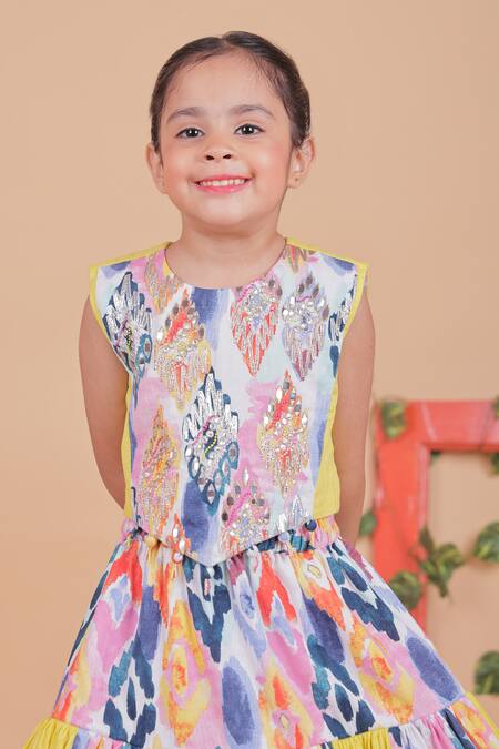 Buy_Turqidz By Shweta Aggarwal_Yellow Cotton Embroidery Multi Color Hand Top And Lehenga Set 