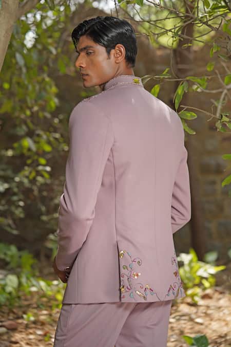 Soniya G_Purple Polyester, Viscose Embroidery Floral Bandhgala Pant Set _Online_at_Aza_Fashions