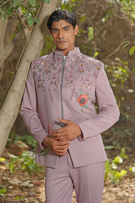 Shop_Soniya G_Purple Polyester, Viscose Embroidery Floral Bandhgala Pant Set _Online_at_Aza_Fashions