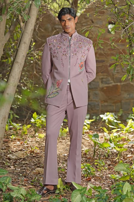 Soniya G_Purple Polyester, Viscose Embroidery Floral Bandhgala Pant Set _at_Aza_Fashions