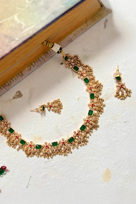 Prestones_Green Stones Temple Ghungroo Necklace And Earring Set _Online_at_Aza_Fashions