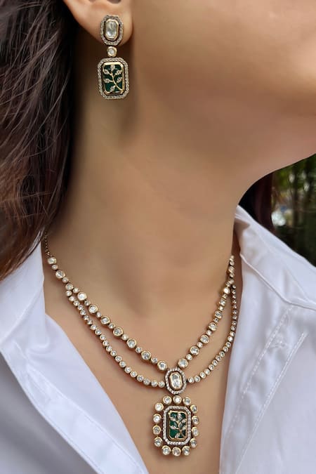 Prestones Green Diamonds Gold Finish Polki Layered Necklace Set 