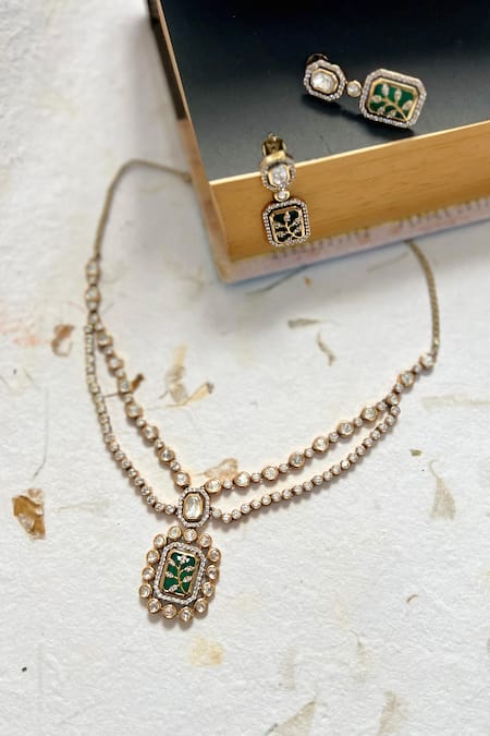 Prestones Gold Finish Polki Layered Necklace Set 