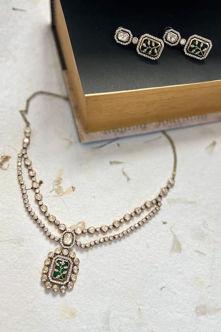 Prestones_Green Imitation Diamonds Gold Finish Polki Layered Necklace Set _Online_at_Aza_Fashions