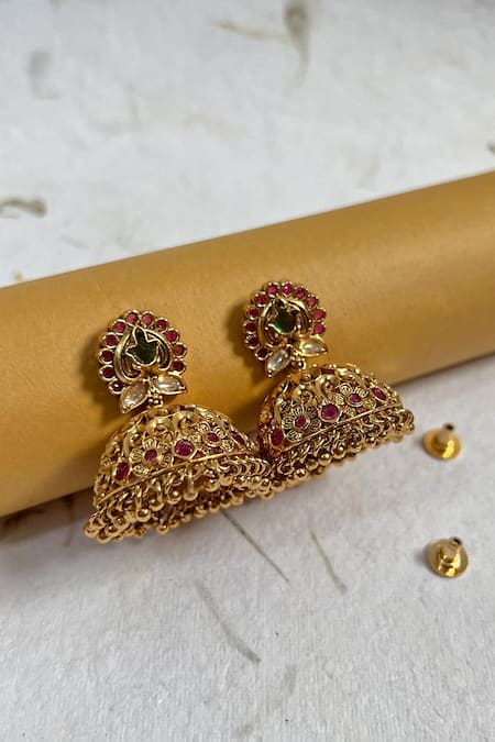 Prestones_Gold Plated Stones Finish Temple Jhumkas _Online_at_Aza_Fashions