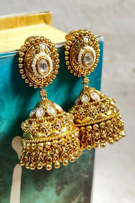 Prestones_Gold Plated Pearls Finish Temple Jhumkas _Online_at_Aza_Fashions