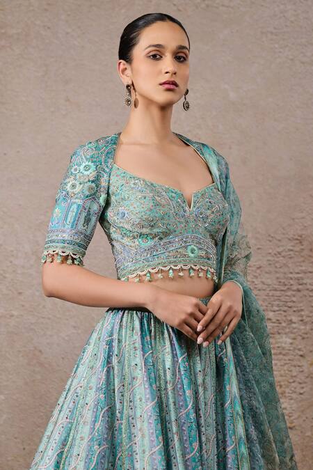 Tarun Tahiliani Blue Chanderi, Silk Beads, Embroidery Printed Abstract Floral Lehenga Set Online at Aza Fashions Tarun Tahiliani_Blue Chanderi, Silk Beads, Embroidery Printed Abstract Floral Lehenga Set _Online_at_Aza_Fashions