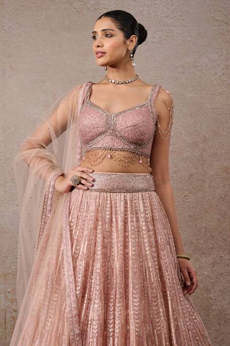 Tarun Tahiliani Peach Tulle, Net Sequins Sweetheart Neck Embroidered Lehenga Set Online at Aza Fashions Tarun Tahiliani_Peach Tulle, Net Sequins Sweetheart Neck Embroidered Lehenga Set _Online_at_Aza_Fashions