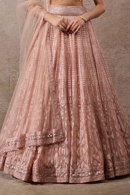 Shop Tarun Tahiliani Peach Tulle, Net Sequins Sweetheart Neck Embroidered Lehenga Set Online at Aza Fashions Shop_Tarun Tahiliani_Peach Tulle, Net Sequins Sweetheart Neck Embroidered Lehenga Set _Online_at_Aza_Fashions