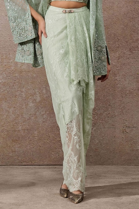 Tarun Tahiliani_Green Tulle, Lace Sequins, Diamonds, Hand Embroidered Sheer Jacket Skirt Set _Online_at_Aza_Fashions