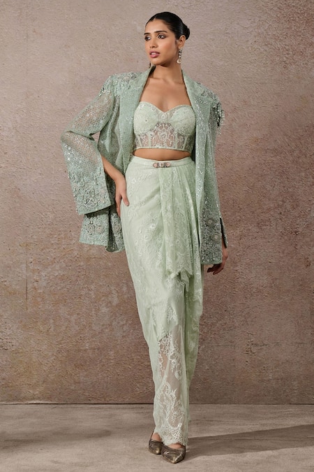 Tarun Tahiliani Hand Embroidered Sheer Jacket Skirt Set 