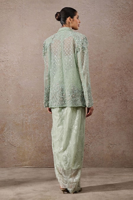 Tarun Tahiliani Hand Embroidered Sheer Jacket Skirt Set 