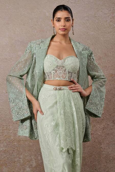 Buy_Tarun Tahiliani_Green Tulle, Lace Sequins, Diamonds, Hand Embroidered Sheer Jacket Skirt Set _Online_at_Aza_Fashions
