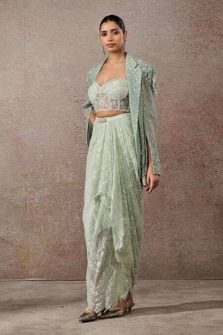 Shop_Tarun Tahiliani_Green Tulle, Lace Sequins, Diamonds, Hand Embroidered Sheer Jacket Skirt Set _Online_at_Aza_Fashions