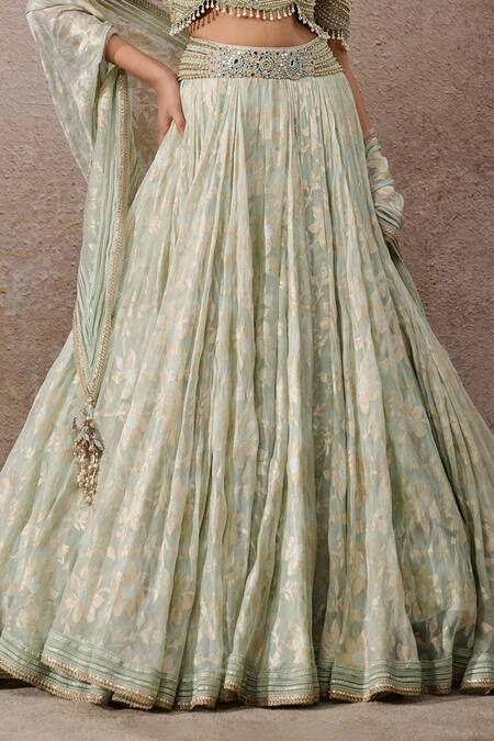 Tarun Tahiliani_Green Tulle Pearls, Sequins, Tassels High Neck Embroidered Lehenga Set _Online_at_Aza_Fashions