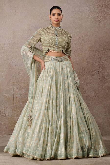 Buy_Tarun Tahiliani_Green Tulle Pearls, Sequins, Tassels High Neck Embroidered Lehenga Set _Online_at_Aza_Fashions