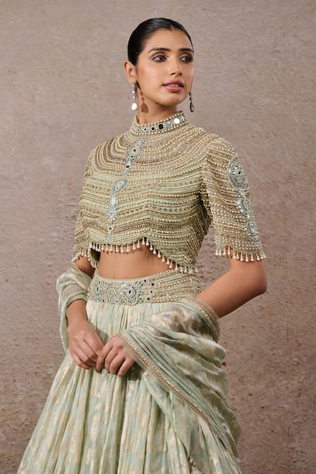 Shop_Tarun Tahiliani_Green Tulle Pearls, Sequins, Tassels High Neck Embroidered Lehenga Set _Online_at_Aza_Fashions