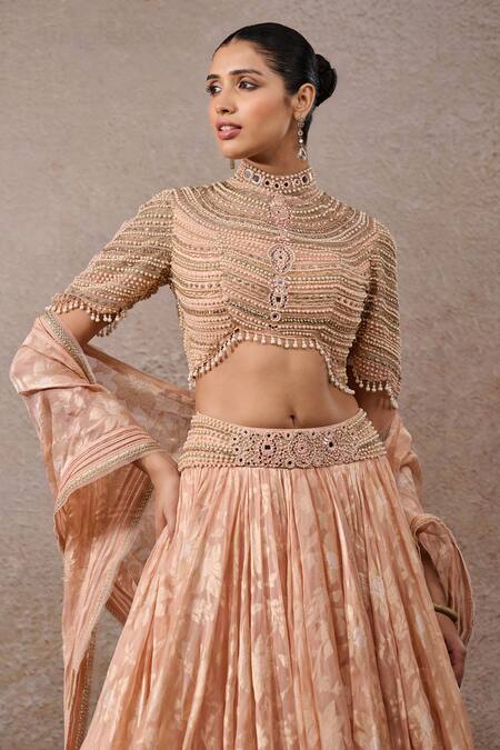Tarun Tahiliani_Peach Tulle Pearls, Sequins, Tassels Round Neck Embroidered Lehenga Set _Online_at_Aza_Fashions
