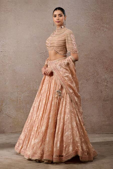 Buy_Tarun Tahiliani_Peach Tulle Pearls, Sequins, Tassels Round Neck Embroidered Lehenga Set _Online_at_Aza_Fashions