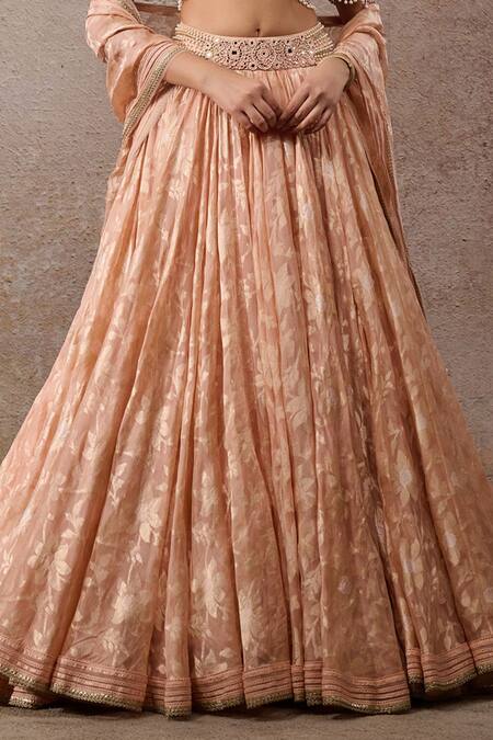 Shop_Tarun Tahiliani_Peach Tulle Pearls, Sequins, Tassels Round Neck Embroidered Lehenga Set _Online_at_Aza_Fashions