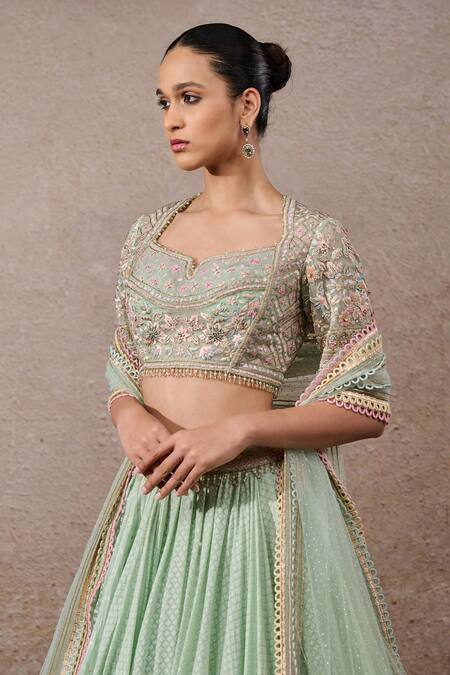 Tarun Tahiliani_Green Chanderi Embroidery, Lace Square Neck Floral Textile Lehenga Set _Online_at_Aza_Fashions
