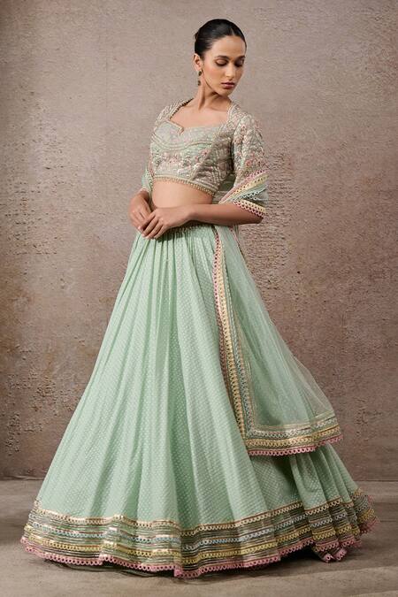 Buy_Tarun Tahiliani_Green Chanderi Embroidery, Lace Square Neck Floral Textile Lehenga Set _Online_at_Aza_Fashions