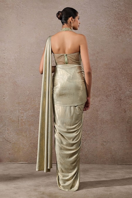 Tarun Tahiliani Foil Jersey Pre-Draped Saree & Bodysuit Set 