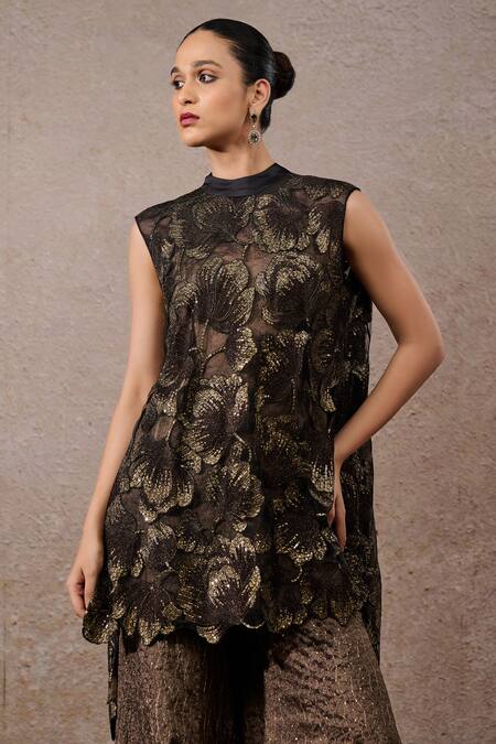Tarun Tahiliani_Black Tulle Embroidery, Sequins Round Neck Floral Overlap Sharara Set _Online_at_Aza_Fashions