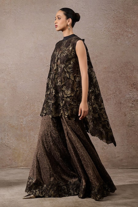 Buy_Tarun Tahiliani_Black Tulle Embroidery, Sequins Round Neck Floral Overlap Sharara Set _Online_at_Aza_Fashions