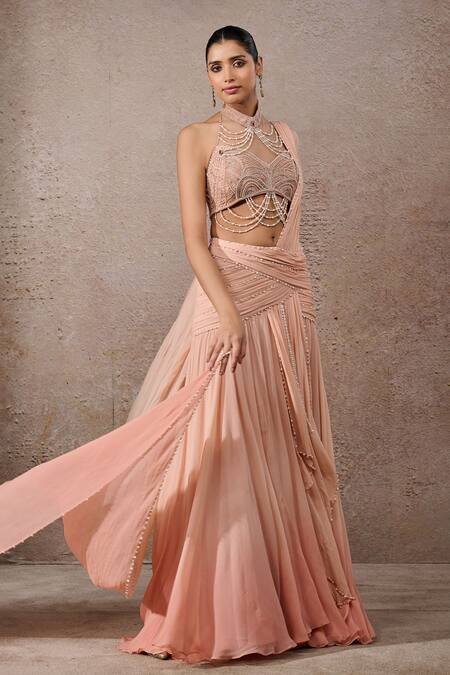 Shop_Tarun Tahiliani_Peach Tulle, Net, Chiffon Pearls Halter Ombre Blouse And Pre-draped Saree Set _Online_at_Aza_Fashions