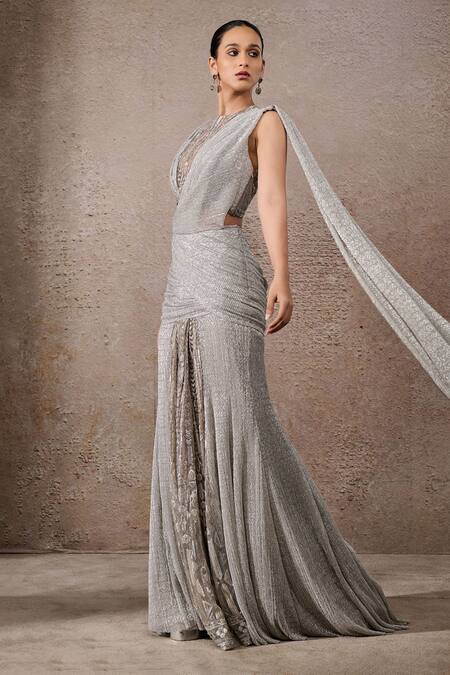 Buy_Tarun Tahiliani_Silver Tulle, Net Sequins, Signature Embroidered Pre-draped Saree And Blouse Set _Online_at_Aza_Fashions