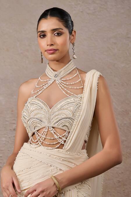 Tarun Tahiliani_Ivory Tulle, Net, Chiffon Pearls, Stones Ombre Pre-draped Saree And Blouse Set _Online_at_Aza_Fashions